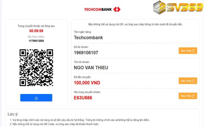 Chuyển khoản đúng các thông tin có sẵn hoặc dùng mã QR