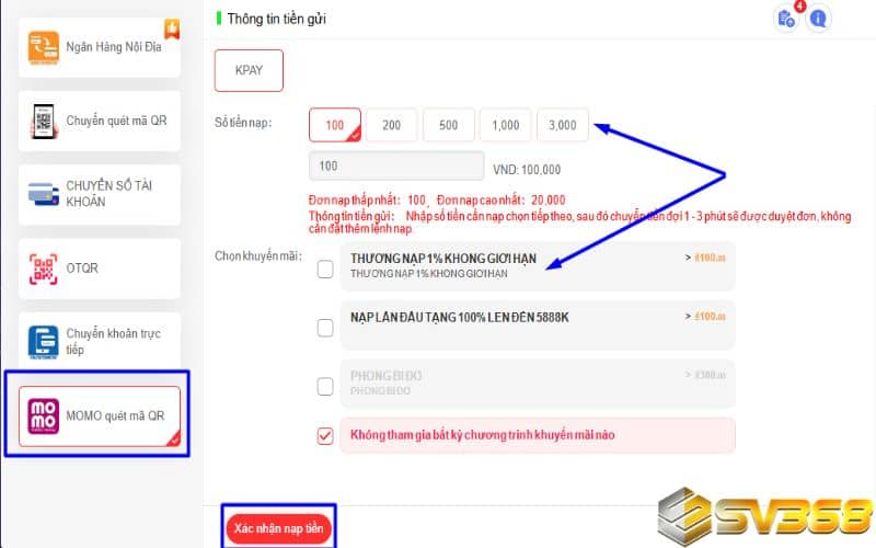 Giao dịch nạp tiền SV368 bằng phương thức MOMO