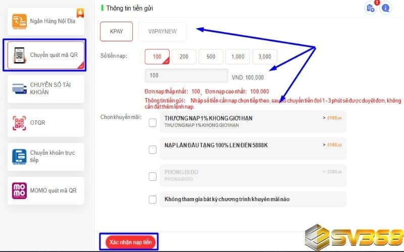 Nạp tiền SV368 bằng chuyển quét mã QR