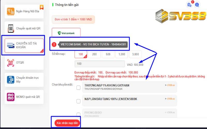 Nạp tiền SV368 với số tài khoản có sẵn trên hệ thống