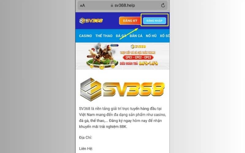 Truy cập vào trang web SV368 và bấm đăng nhập